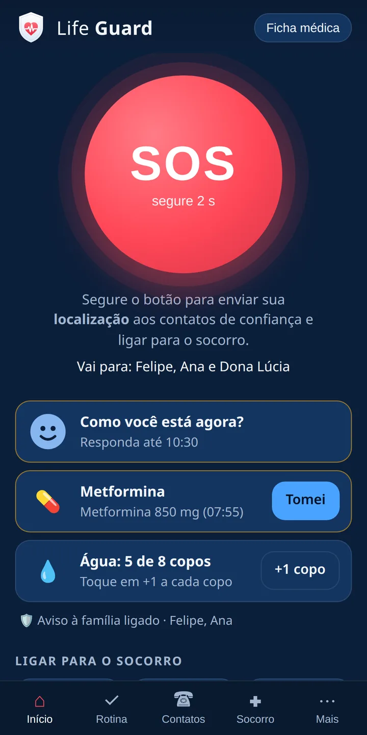 Tela inicial do Life Guard com o botão SOS e os números 192, 193, 190, 199, 180 e 188