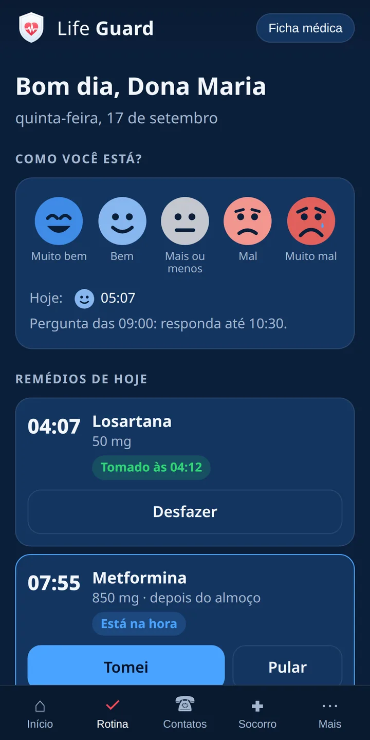 Tela Rotina do app com rostinhos, remédios de hoje e água