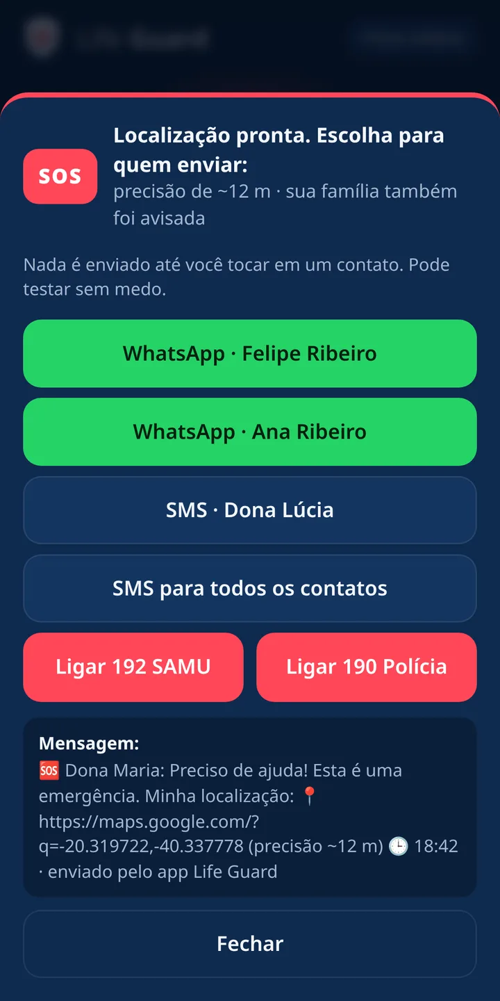 Tela do SOS com os contatos para enviar a localização